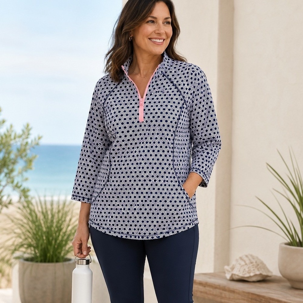 TALBOTS Half Zip Pullover 1X UPF 50+ Hexagon Dot Sporty Golf Resort Athleisure